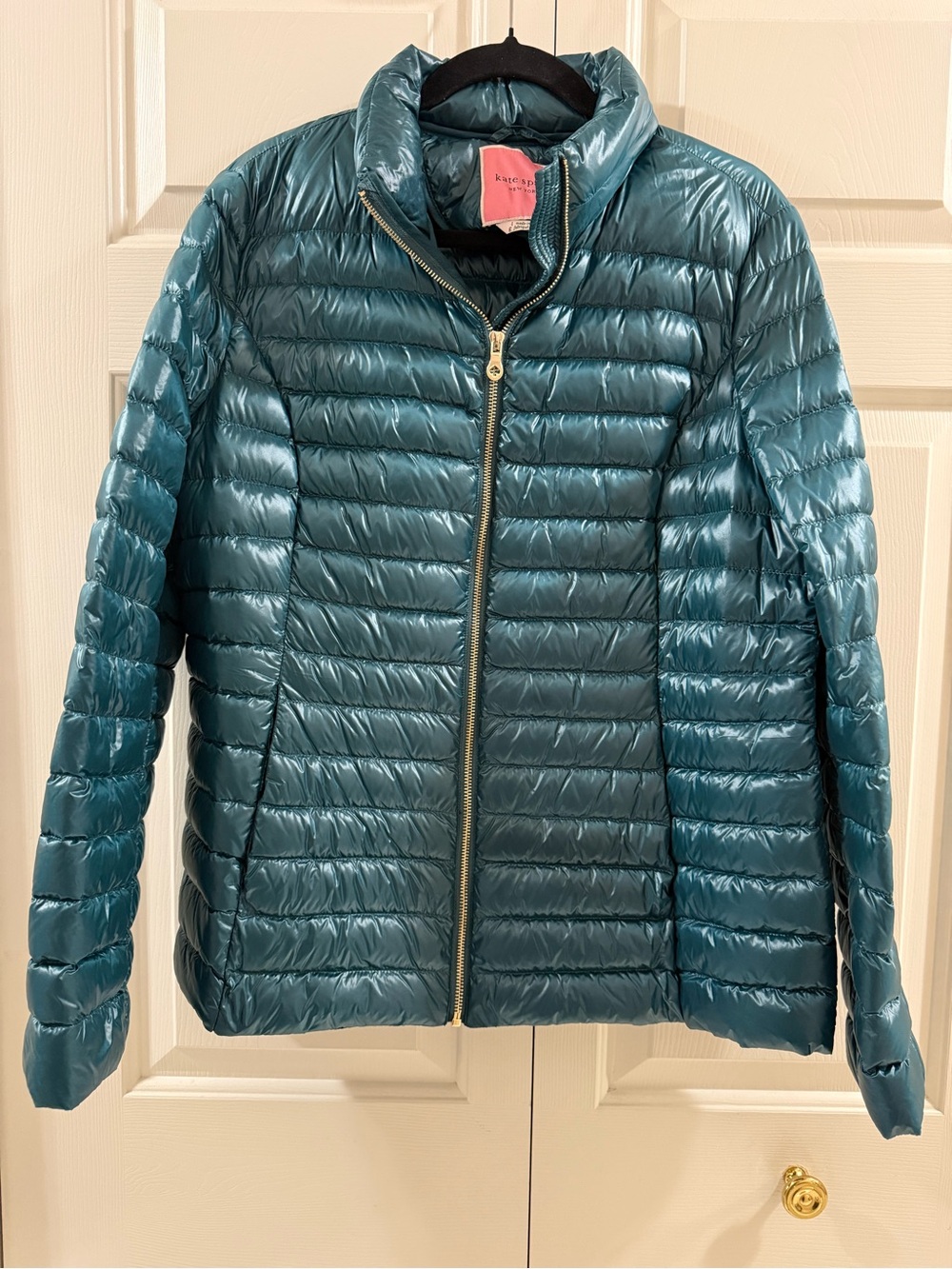 Kate Spade Teal Green Quilted Down Puffer Zip Jacket Gold Hardware L